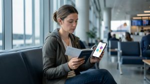 Une voyageuse française assise dans un aéroport tient un passeport ouvert et un téléphone affichant une interface de voyage sans texte lisible, dans une ambiance sobre et réaliste.