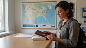 Une voyageuse française consulte un passeport ouvert sur le comptoir d’une agence, avec une carte muette de Cuba et des Caraïbes ainsi qu’un itinéraire vers les États-Unis en arrière-plan.